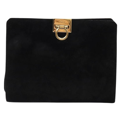 Salvatore Ferragamo Gancini Chain Shoulder Bag Suede, BLACK, SUEDE, Shoulder bag