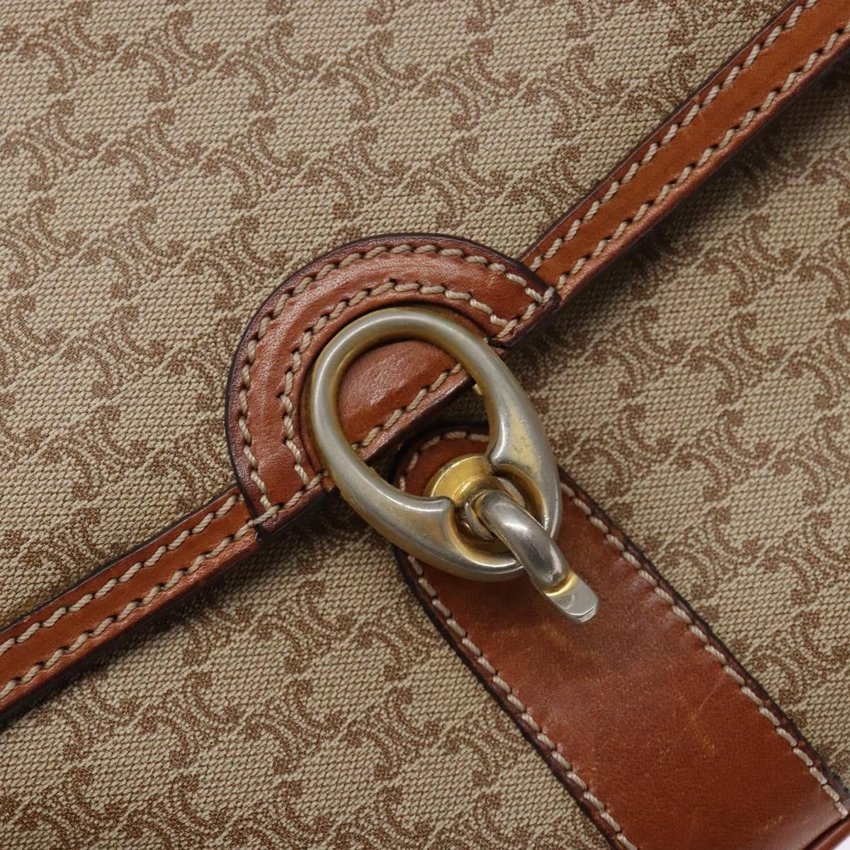 Celine Vintage Macadam Shoulder Bag Canvas and Leather, BEIGE, CANVAS, Shoulder bag