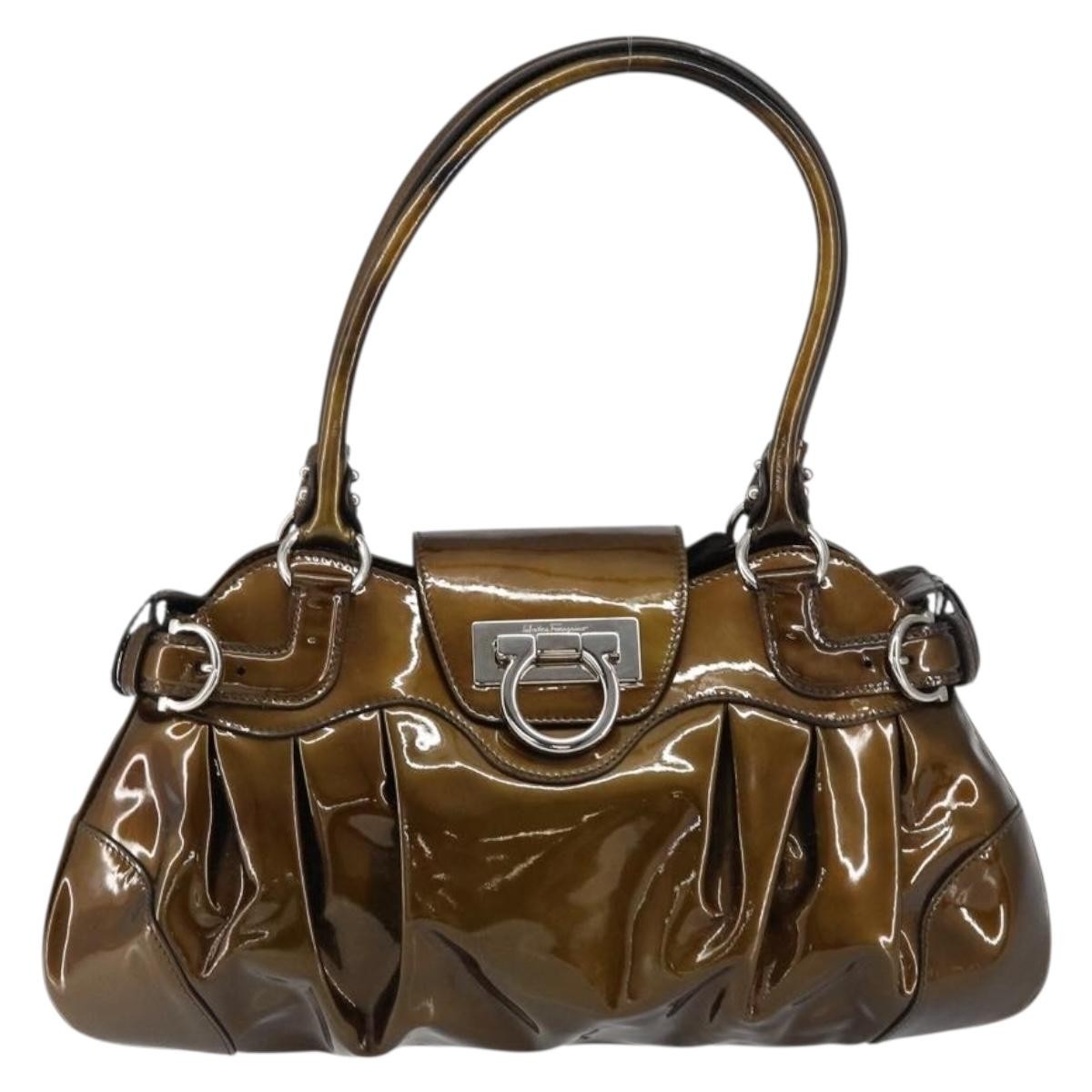 Salvatore Ferragamo Gancini handbag Patent leather, BROWN, PATENT_LEATHER, Handbag