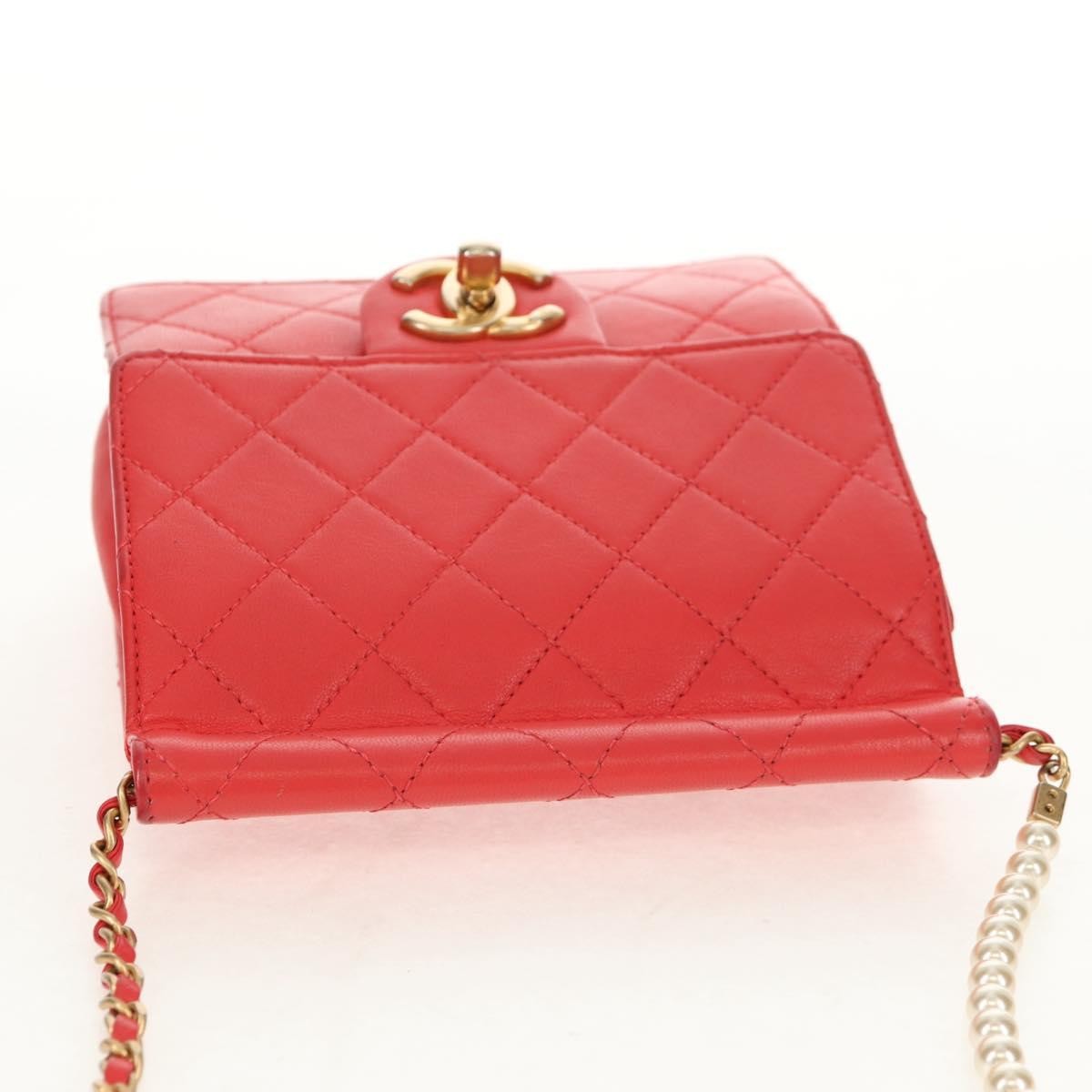 Chanel Pearl Chain Flap Bag Quilted Lambskin, RED, CALFSKIN, Clutche & pouche