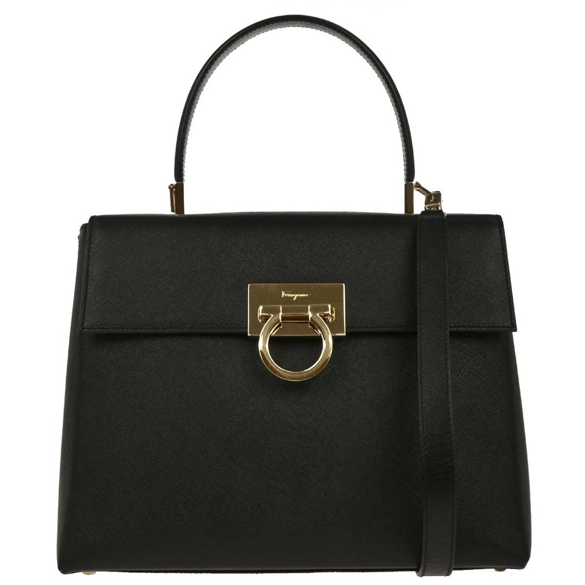 Salvatore Ferragamo Convertible Top Handle Bag Leather, BLACK, LEATHER, Handbag