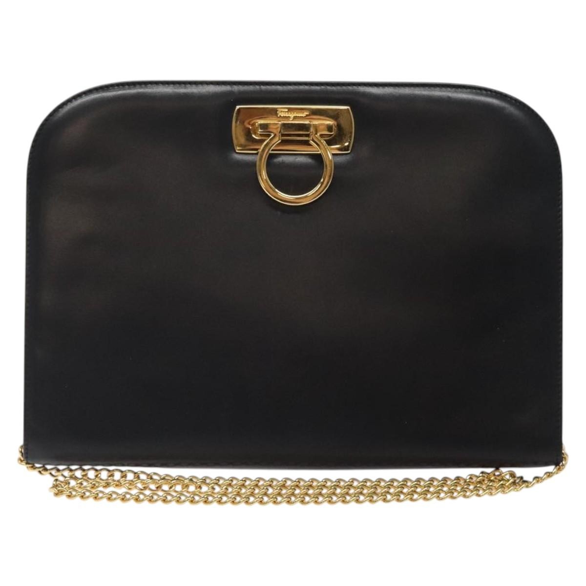 Salvatore Ferragamo Vintage Gancini Chain Shoulder Bag Leather, BLACK, LEATHER, Shoulder bag