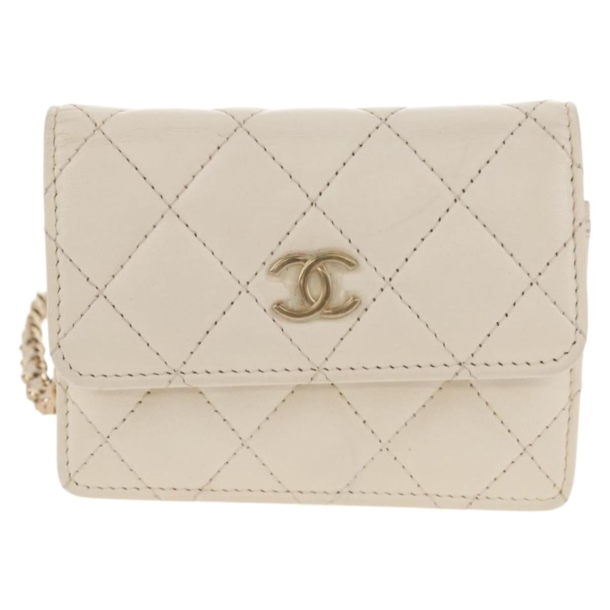 Chanel Camellia Bow Flap Card Holder with Chain Quilted Lambskin, WHITE, LEATHER, Shoulder bag