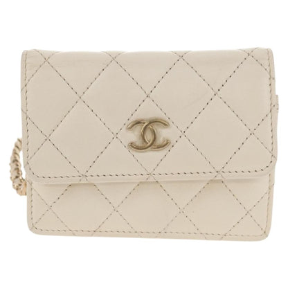 Chanel Camellia Bow Flap Card Holder with Chain Quilted Lambskin, WHITE, LEATHER, Shoulder bag