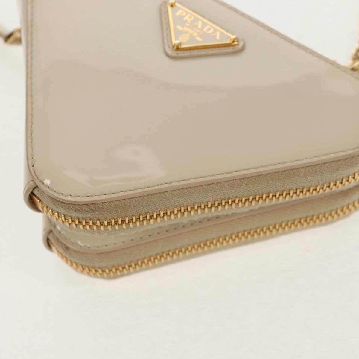 Prada Triangle Double Zip Pouch Bag with Chain Patent leather, BEIGE, PATENT_LEATHER, Clutche & pouche