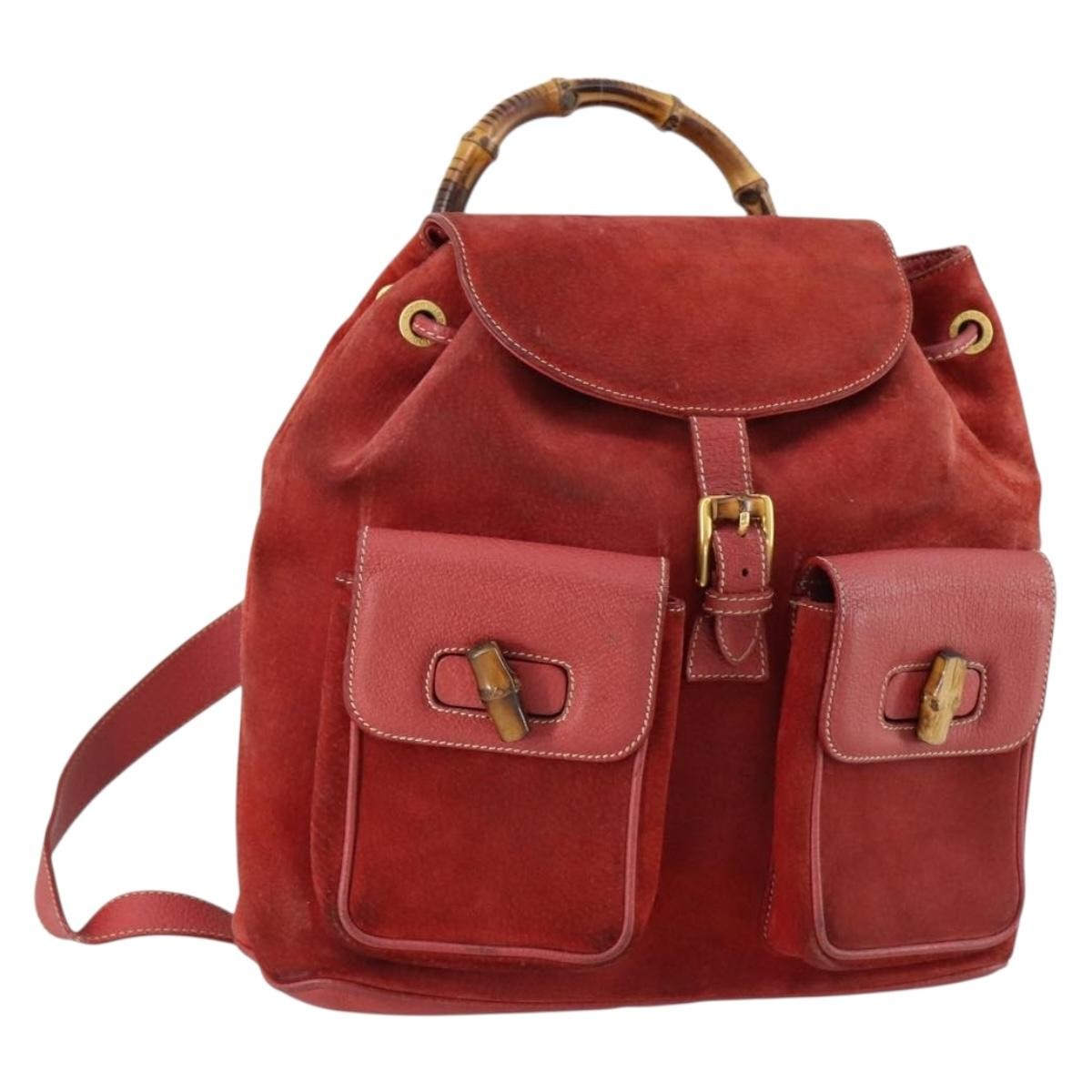 Gucci Vintage Bamboo Backpack Suede, RED, SUEDE, Backpack