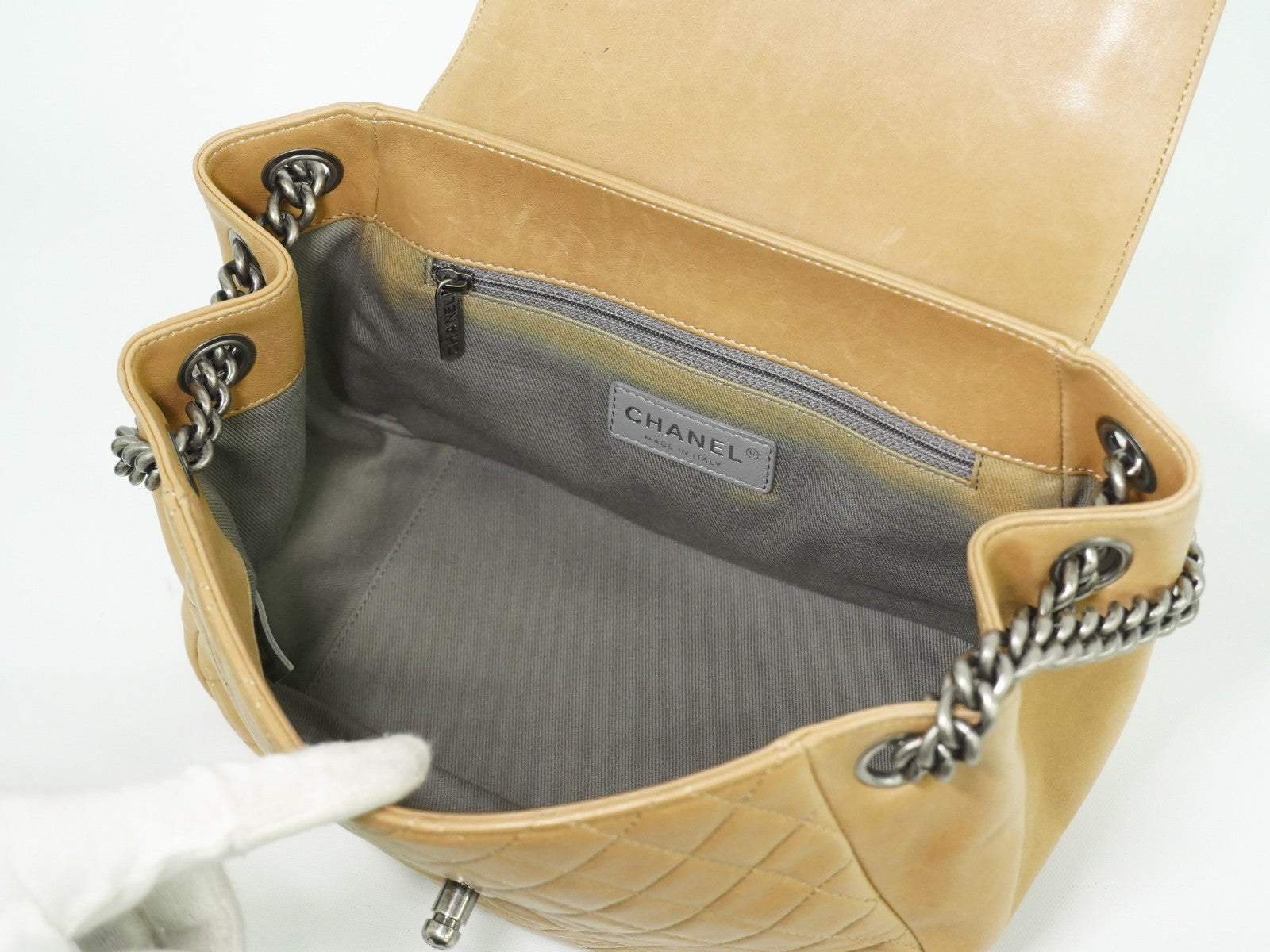 Chanel Boy Accordion Flap Bag Quilted Lambskin, BEIGE, LEATHER, Shoulder bag