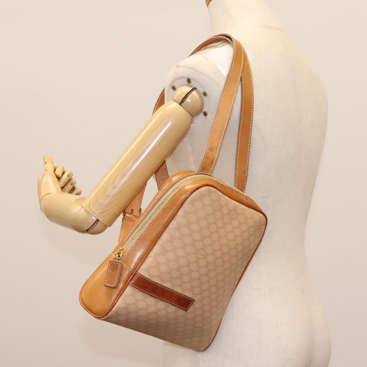 Celine Vintage Macadam Backpack Canvas and Leather, BEIGE, CANVAS, Backpack