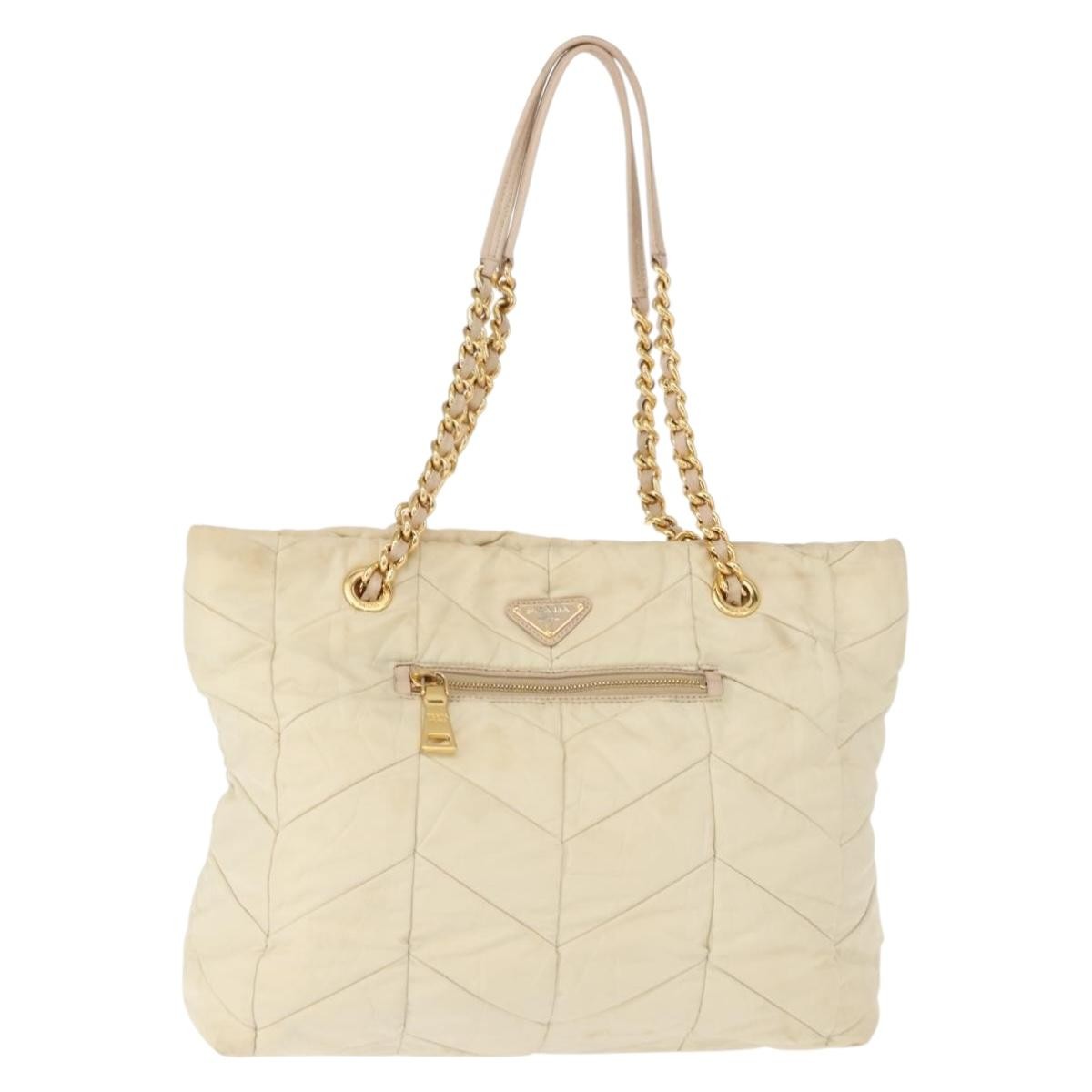 Prada Chain Front Zip Tote Quilted Tessuto, BEIGE, NYLON, Tote bag