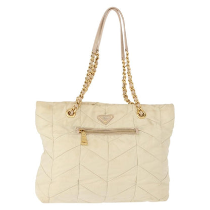 Prada Chain Front Zip Tote Quilted Tessuto, BEIGE, NYLON, Tote bag