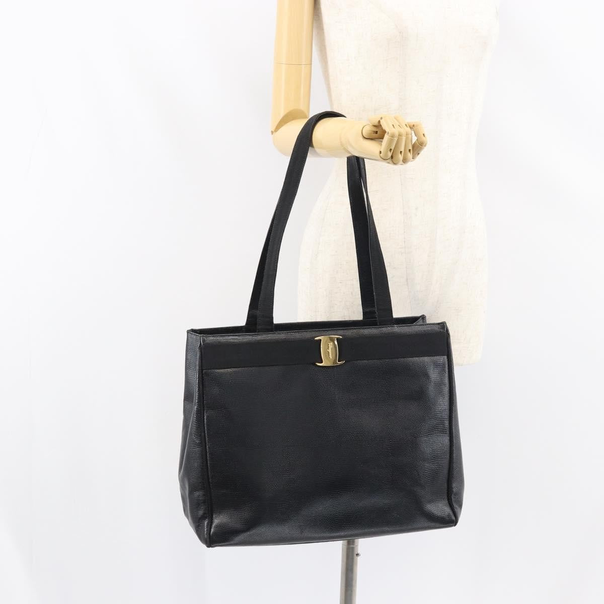 Salvatore Ferragamo Vintage Vara Bow Tote Lizard Embossed Leather, BLACK, LEATHER, Tote bag