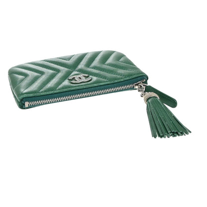 Chanel Card Case Leather, GREEN, LEATHER, Clutche & pouche