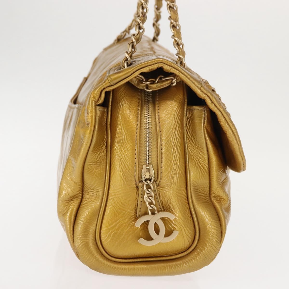 Chanel Luxe Ligne Flap Bag Patent, GOLD, LEATHER, Handbag