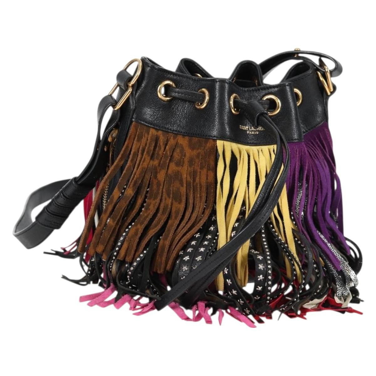 Saint Laurent Fringe Emmanuelle Bucket Bag Multicolor Leather, MULTICOLOUR, LEATHER, Shoulder bag