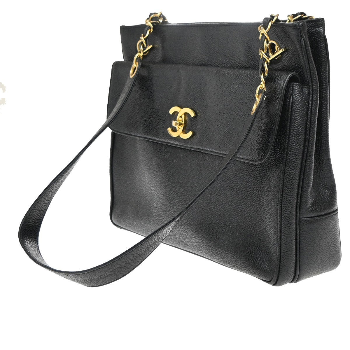 Chanel Vintage Front Pocket Shoulder Bag Leather, BLACK, CALFSKIN, Shoulder bag