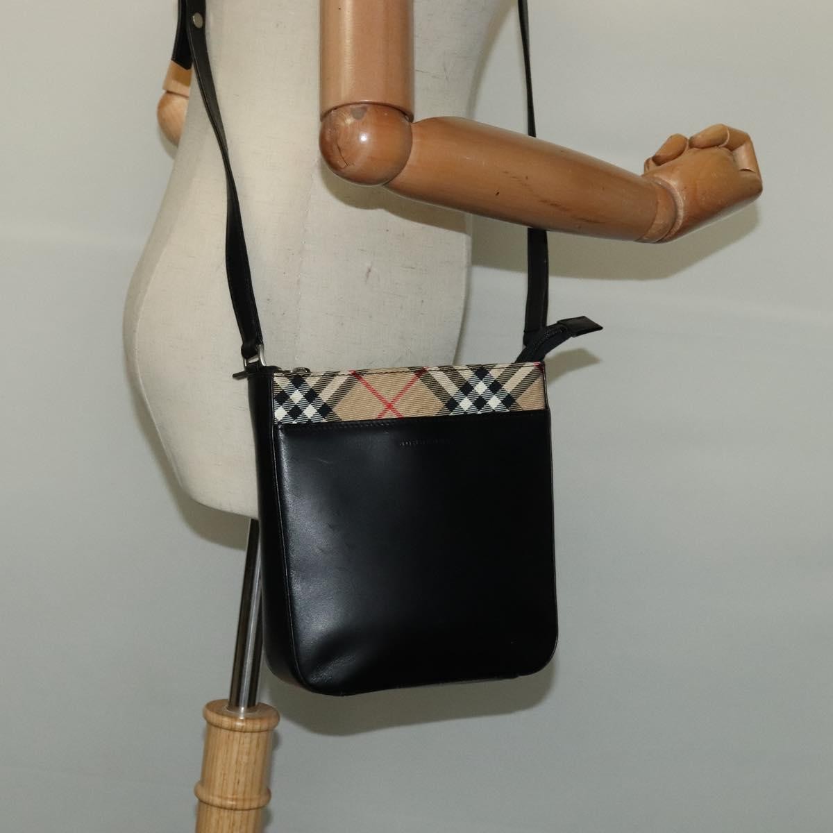 Burberry Front Pocket Flap Messenger Leather with Vintage Check Canvas, BLACK, LEATHER, Crossbody bag