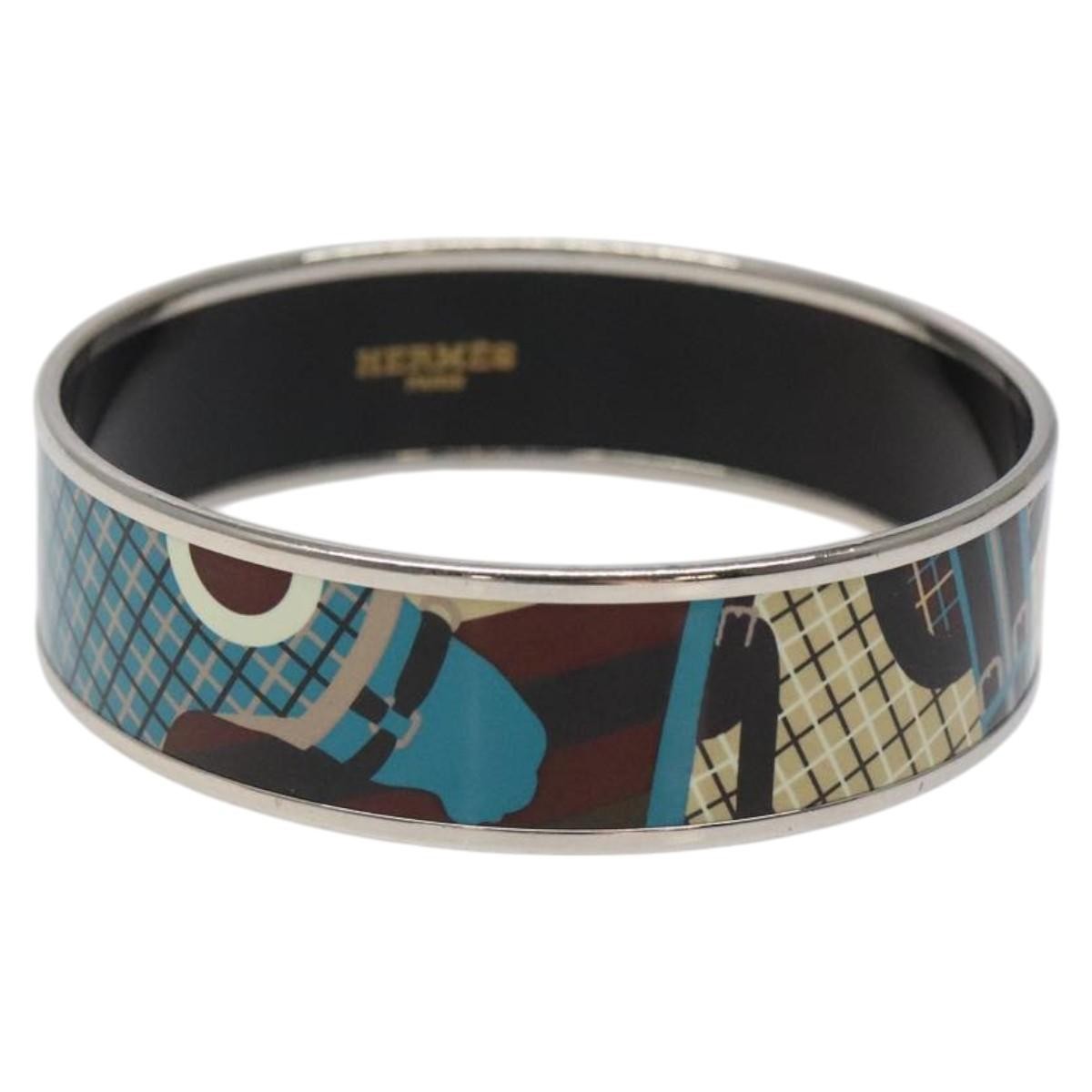 Hermes Vintage Bangle Bracelet Metal with Leather, BLUE, METAL, Bracelet