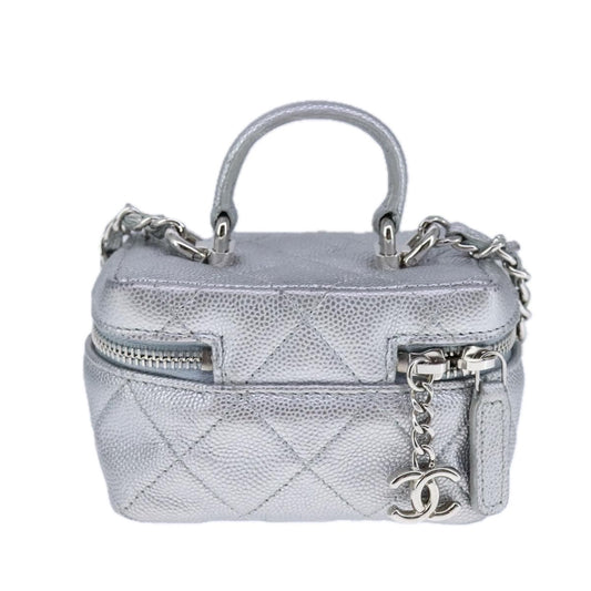 Chanel Classic Vanity Case with Chain Quilted Caviar, Silver, Leather, Shoulder Bag