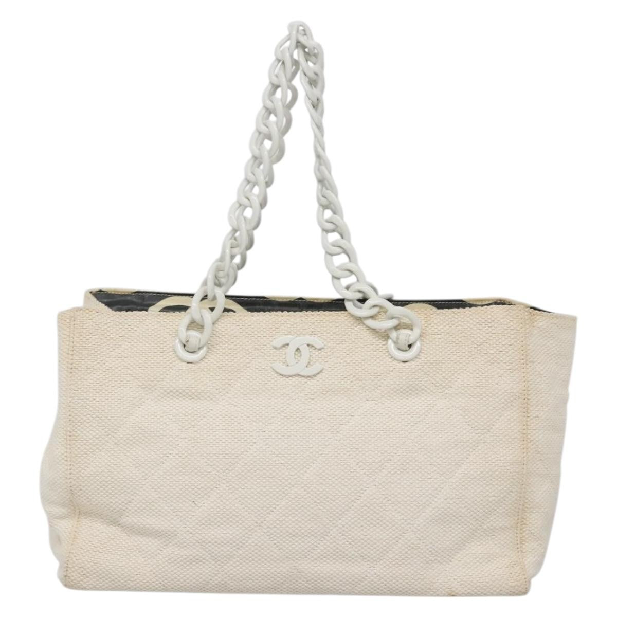 Chanel CC Resin Chain Tote Quilted Raffia, WHITE, WOOD, Tote bag