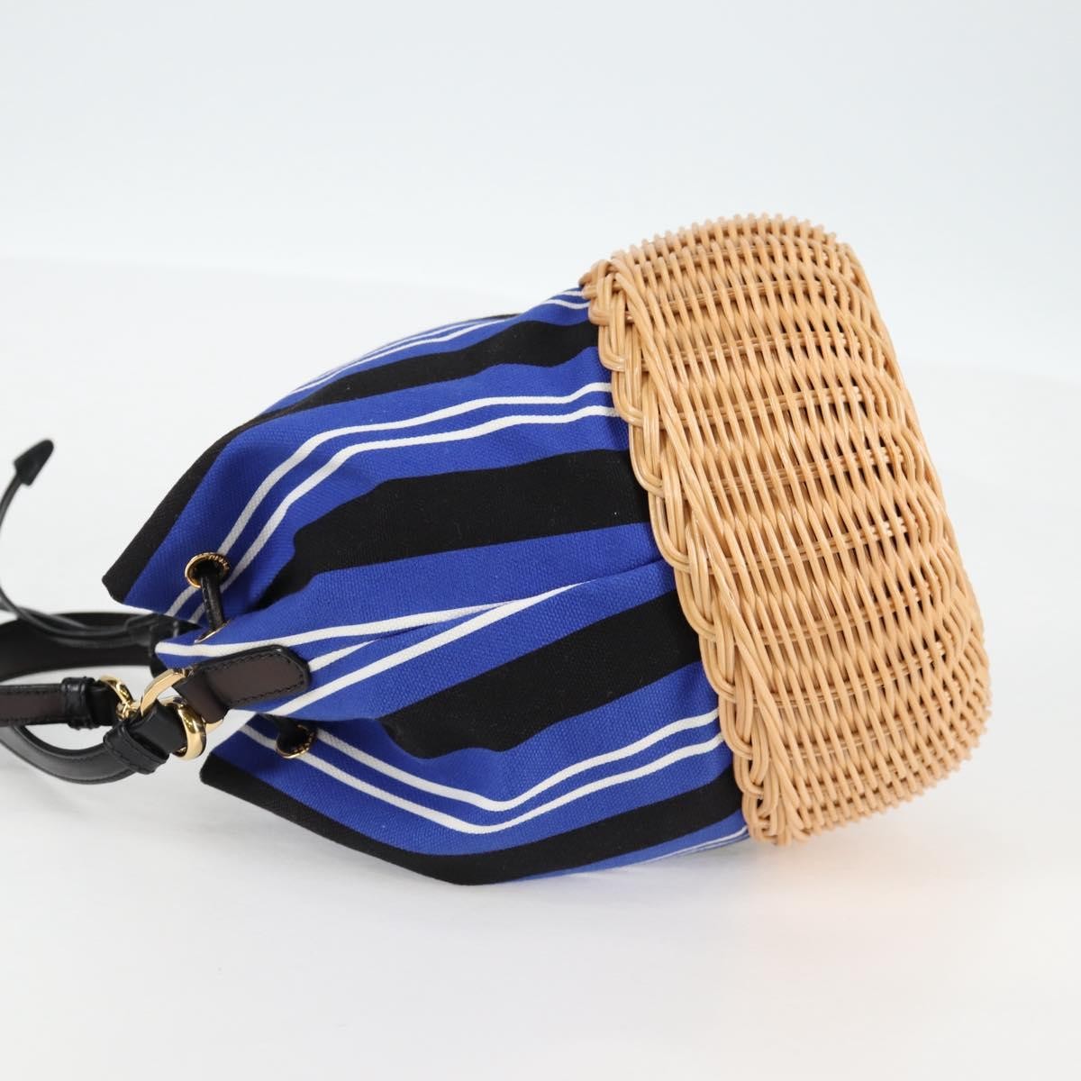 Prada Drawstring Bucket Bag Canvas and Wicker, BLUE, CANVAS, Handbag