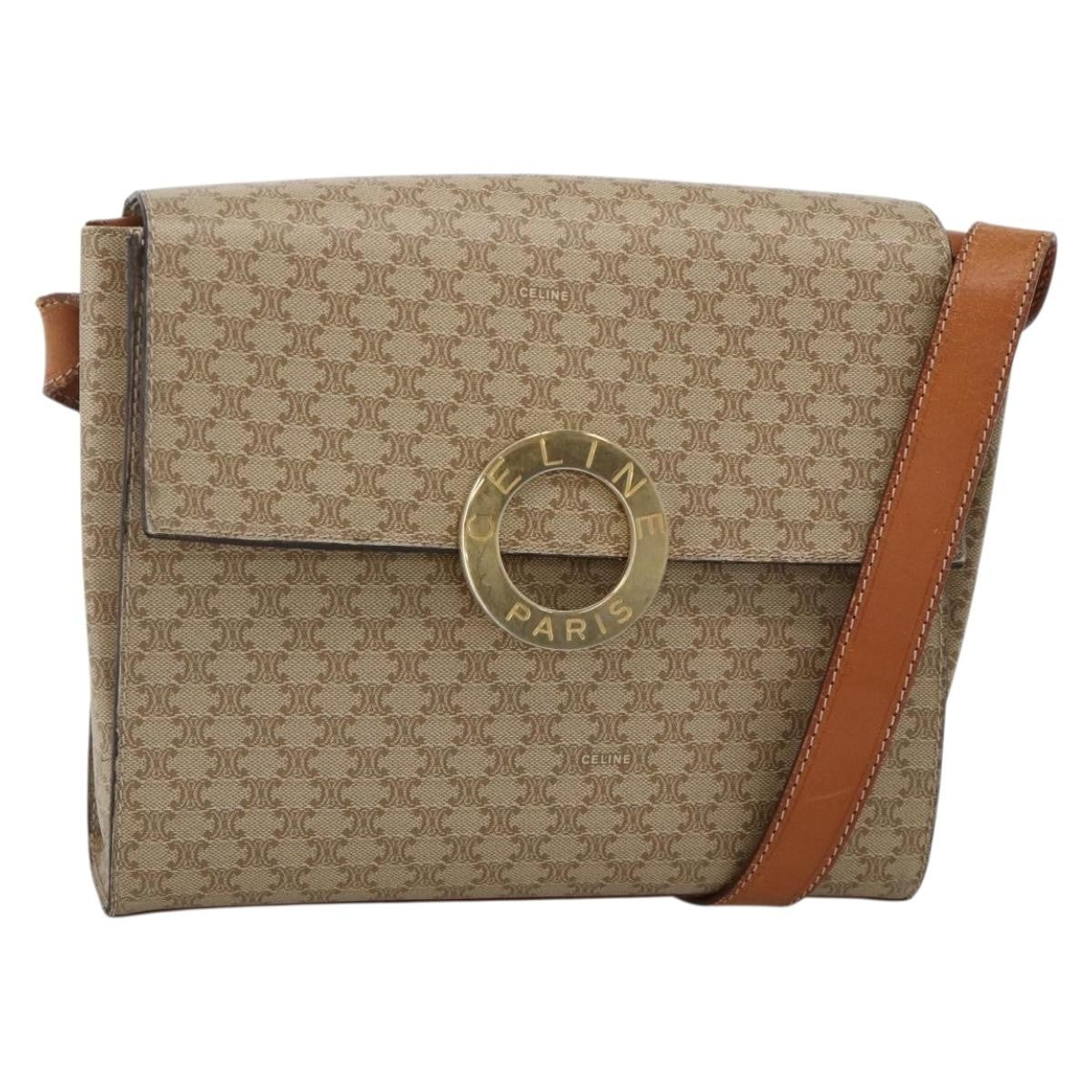 Celine Vintage Macadam Circle Logo Shoulder Bag Canvas and Leather, Beige, Canvas, Shoulder Bag
