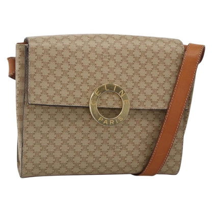 Celine Vintage Macadam Circle Logo Shoulder Bag Canvas and Leather, Beige, Canvas, Shoulder Bag