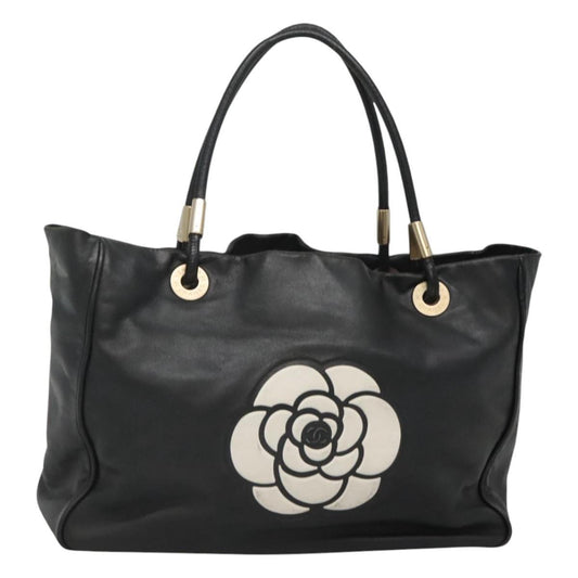 Chanel Camellia Tote Leather, BLACK, LEATHER, Tote bag