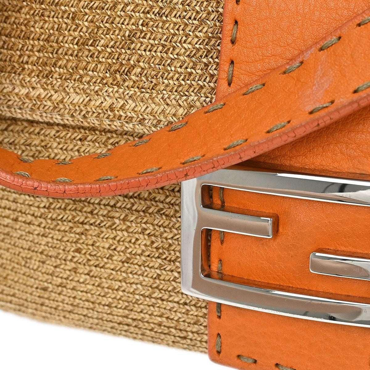 Fendi Selleria Shoulder Bag Leather, "BEIGE,ORANGE", STRAW,LEATHER, Shoulder bag