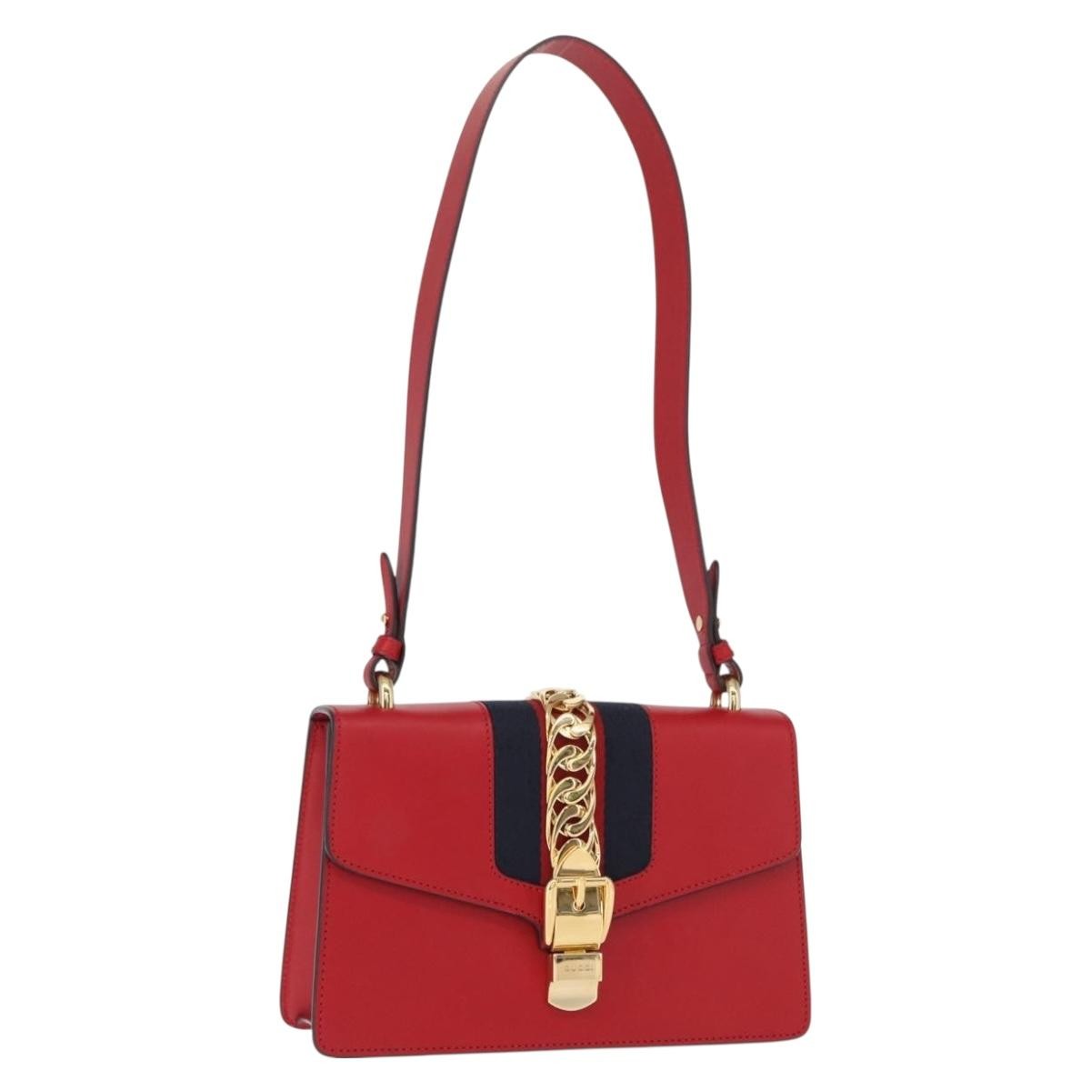 Gucci Sylvie Shoulder Bag Leather, RED, LEATHER, Shoulder bag
