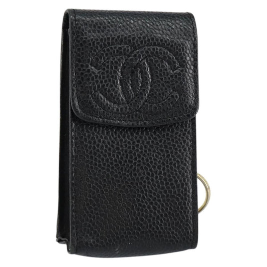 Chanel Vintage CC Phone Holder Crossbody Bag Caviar, BLACK, LEATHER, Clutche & pouche