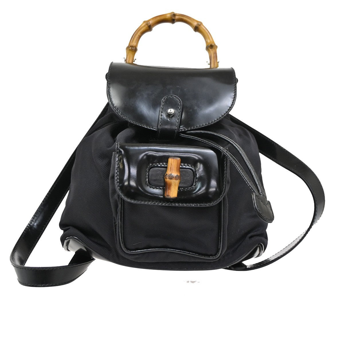 Gucci Vintage Bamboo Backpack Nylon and Patent Leather, BLACK, NYLON, Backpack