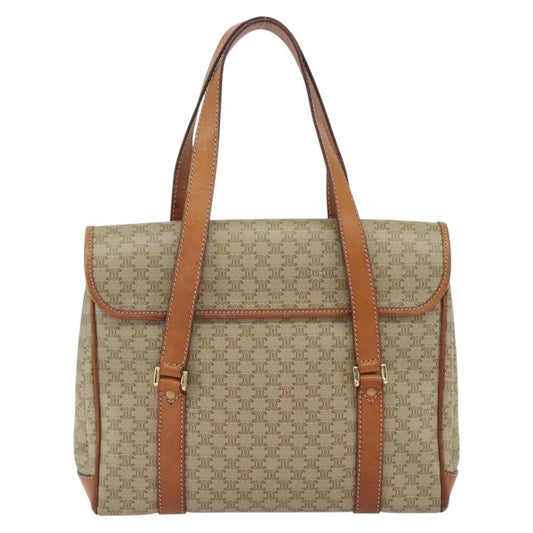 Celine Vintage Macadam Handbag Canvas and Leather, BEIGE, CANVAS, Handbag