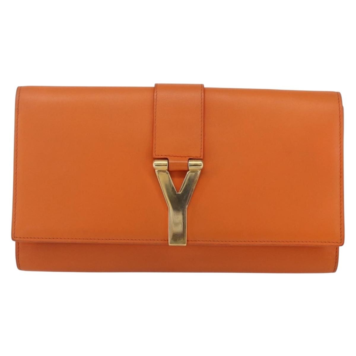 Saint Laurent Chyc Clutch Leather, ORANGE, LEATHER, Clutche & pouche