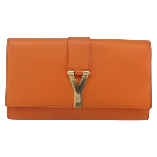 Saint Laurent Chyc Clutch Leather, ORANGE, LEATHER, Clutche & pouche