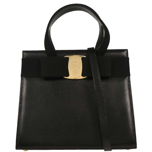 Salvatore Ferragamo Convertible Vara Bow Tote Lizard Embossed Leather, BLACK, LEATHER, Handbag