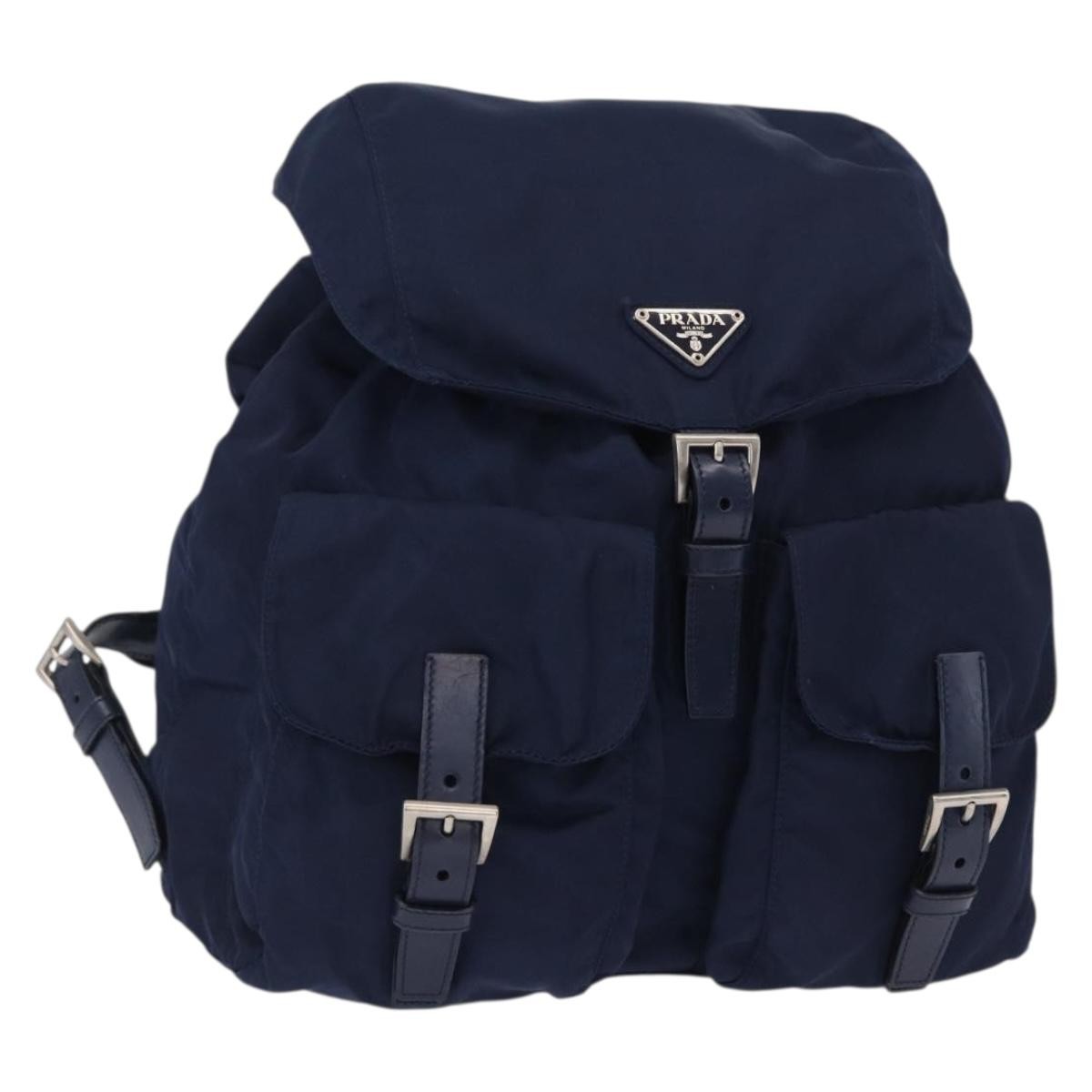 Prada Vela Double Front Pocket Backpack Tessuto with Saffiano Leather, BLUE, NYLON, Backpack