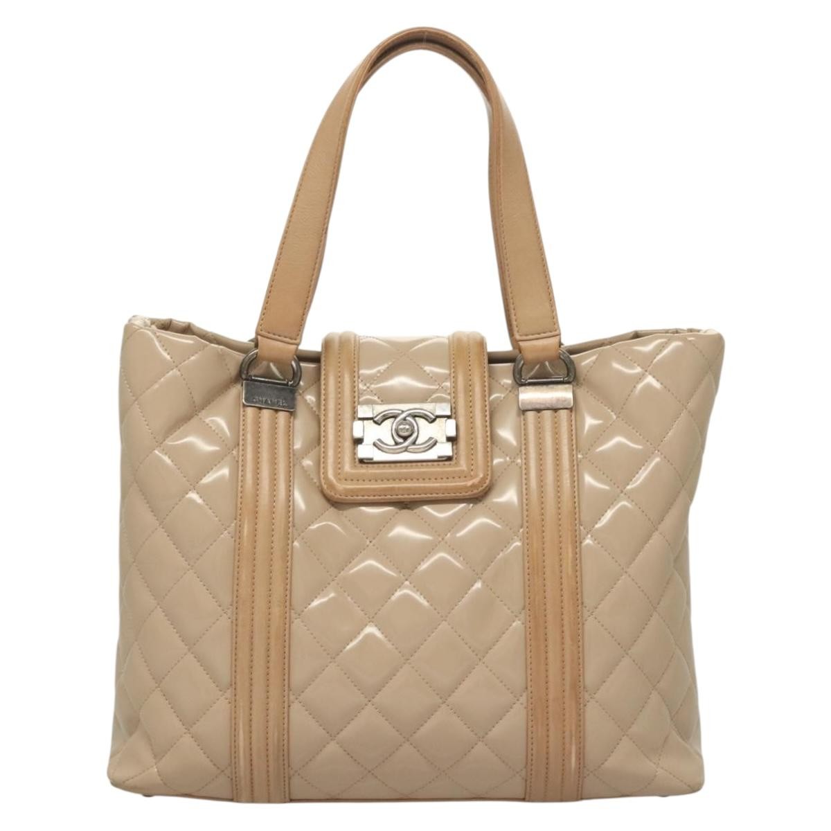 Chanel Quilted Boy Tote Quilted Aged Glazed Aged Calfskin, BEIGE, PATENT_LEATHER, Tote bag