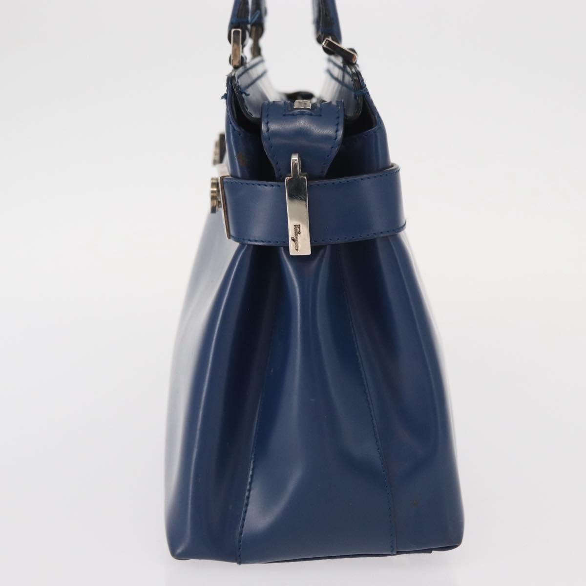 Salvatore Ferragamo Double Gancini Side Buckle Tote Leather, BLUE, LEATHER, Handbag