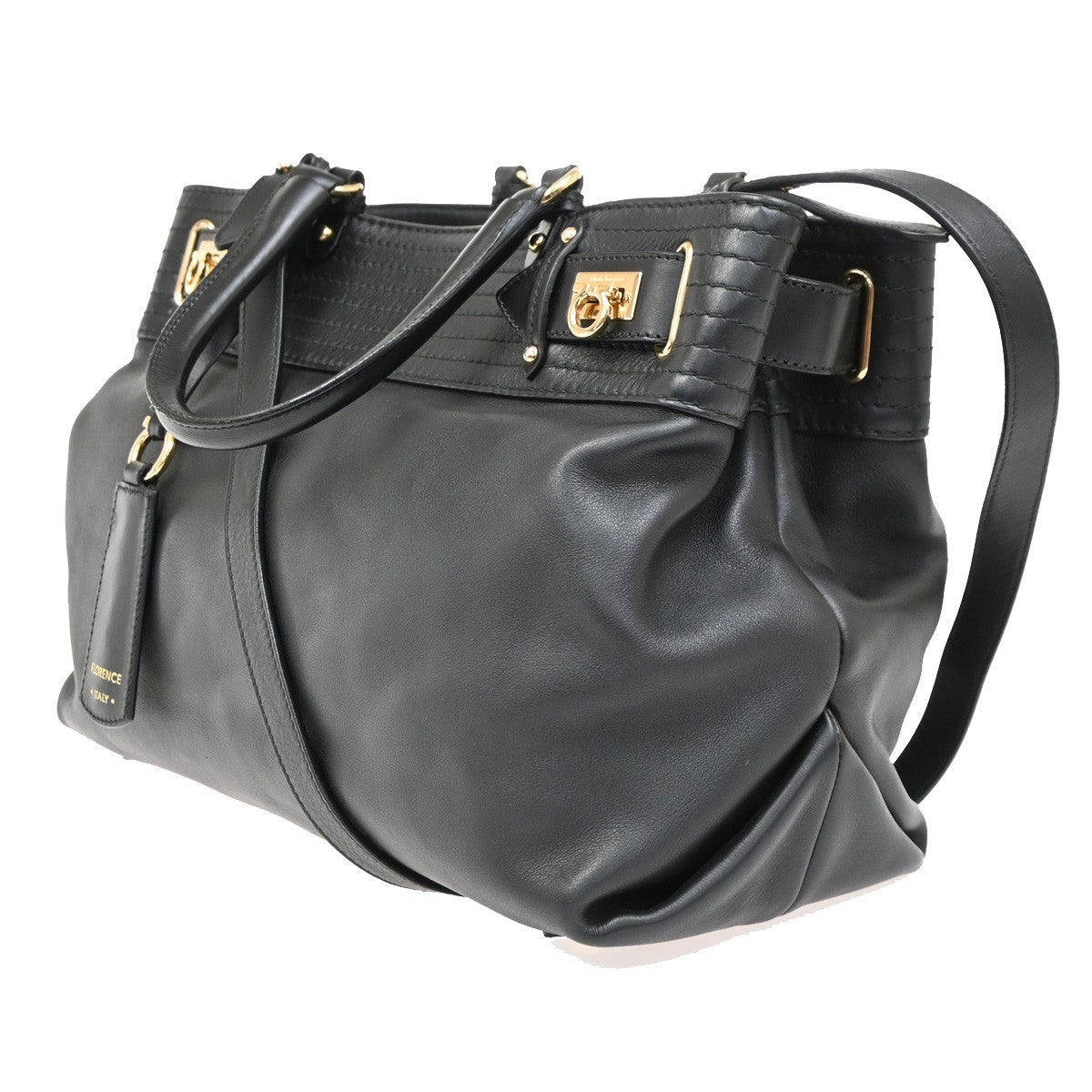 Salvatore Ferragamo Double Gancini Side Buckle Tote Leather, BLACK, LEATHER, Tote bag
