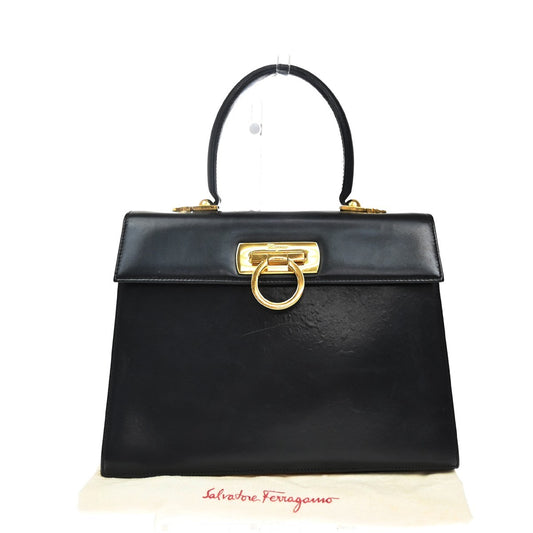 Salvatore Ferragamo Gancini Convertible Top Handle Bag Suede, BLACK, LEATHER, Handbag