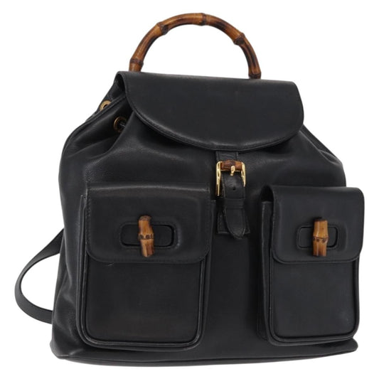 Gucci Vintage Bamboo Backpack Leather, BLACK, LEATHER, Backpack
