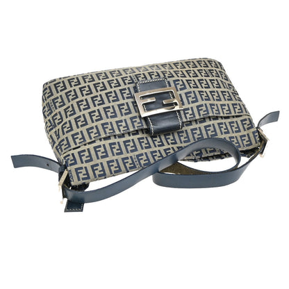 Fendi Vintage Flap Shoulder Bag Zucchino Canvas with Leather, NAVY, CANVAS, Shoulder bag