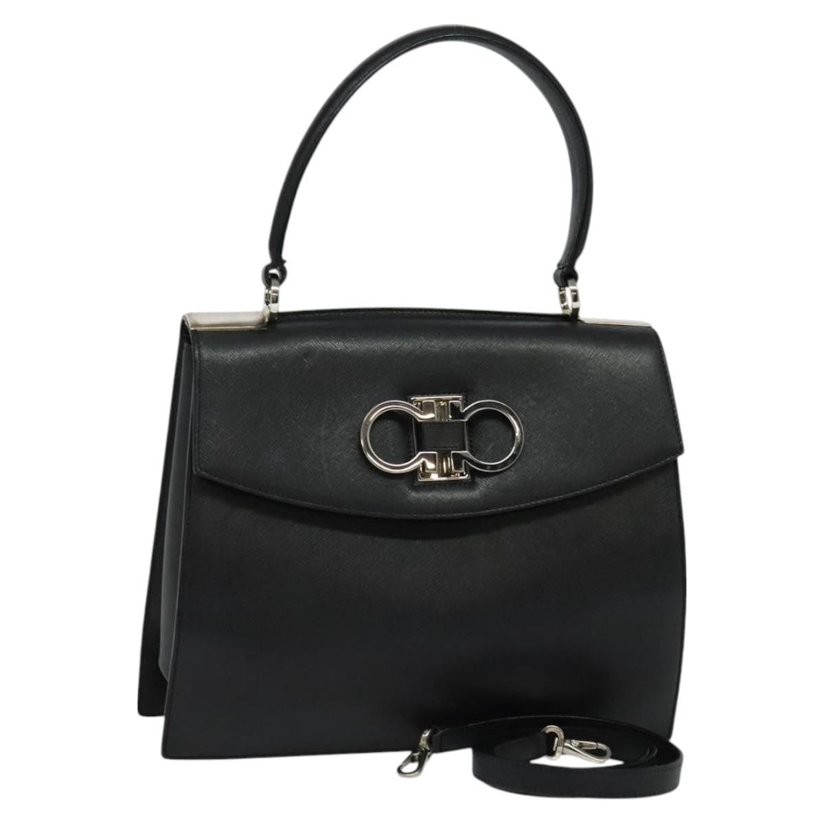 Salvatore Ferragamo Double Gancini Top Handle Bag Saffiano Leather, BLACK, LEATHER, Handbag