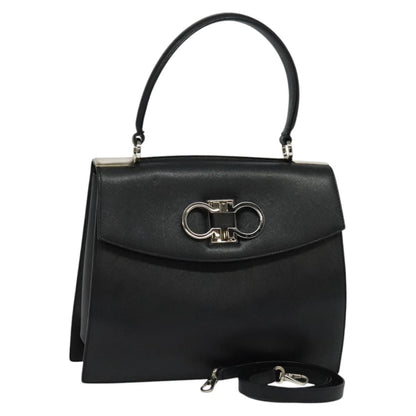 Salvatore Ferragamo Double Gancini Top Handle Bag Saffiano Leather, BLACK, LEATHER, Handbag