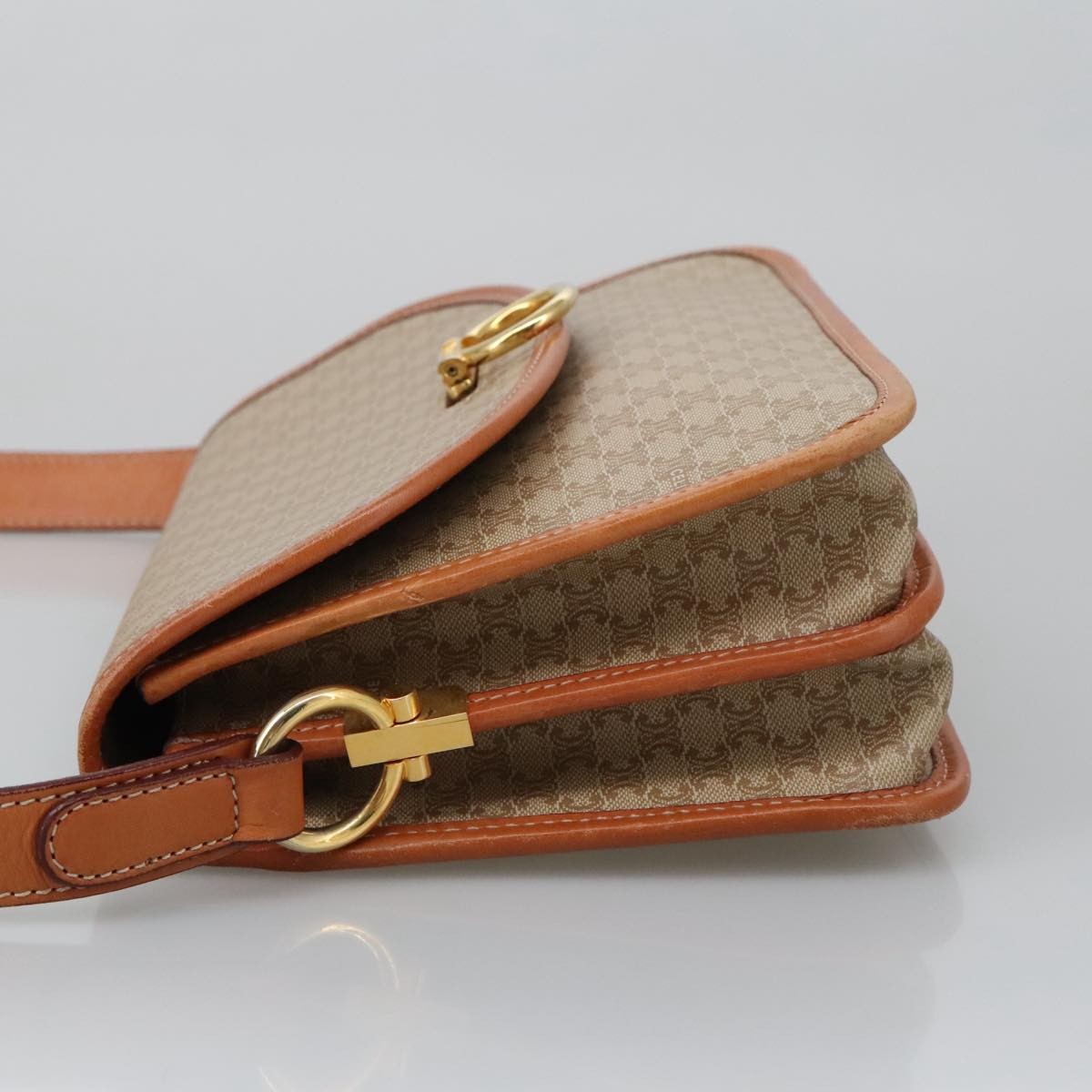 Celine Vintage Macadam Shoulder Bag Canvas and Leather, Beige, Canvas, Shoulder Bag