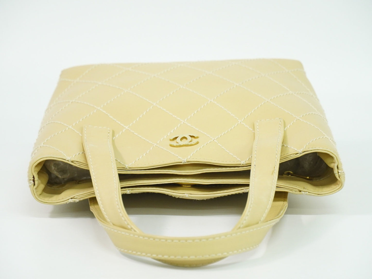 Chanel Surpique Tote Quilted Leather, BEIGE, LEATHER, Handbag