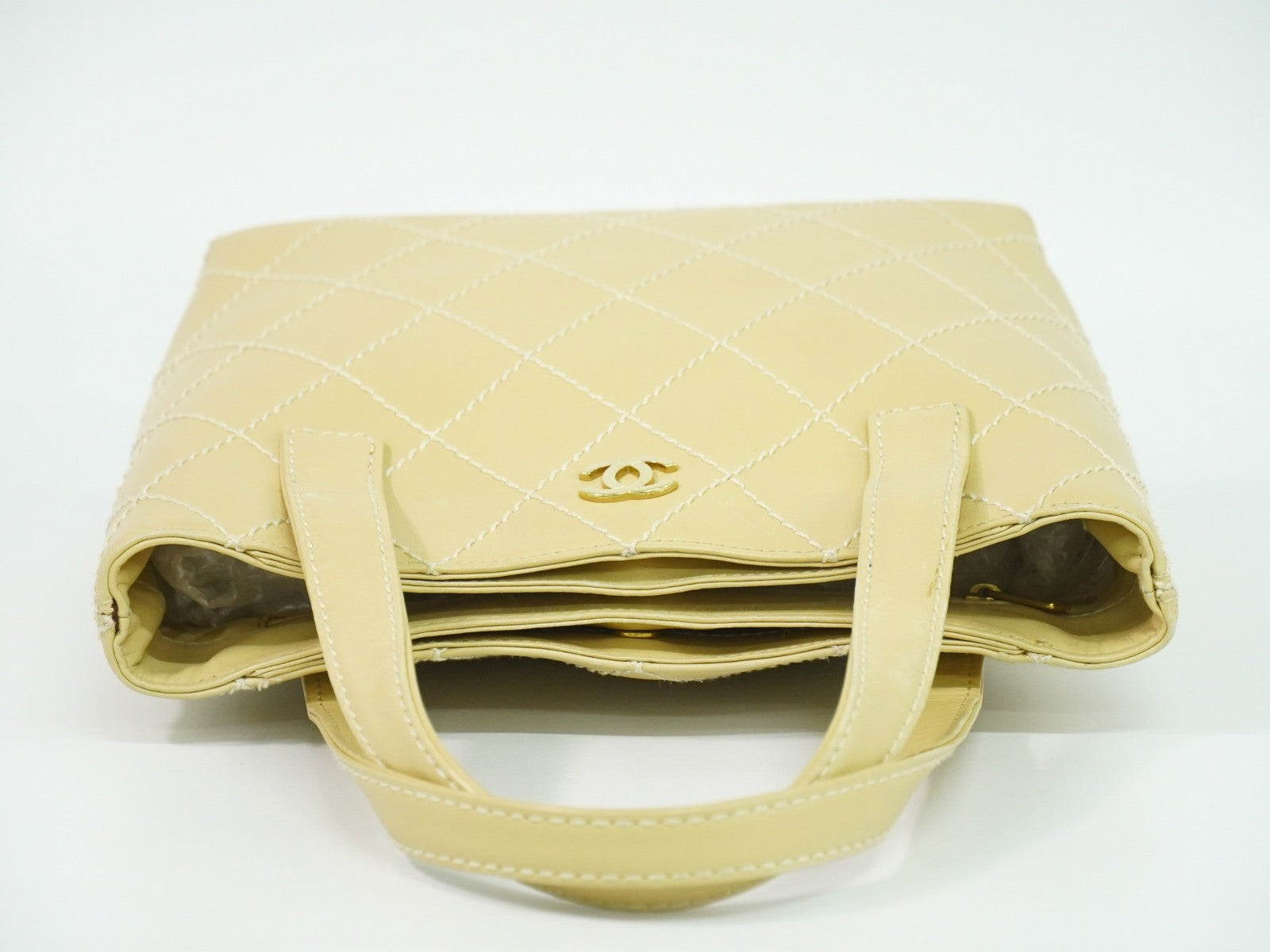 Chanel Surpique Tote Quilted Leather, BEIGE, LEATHER, Handbag