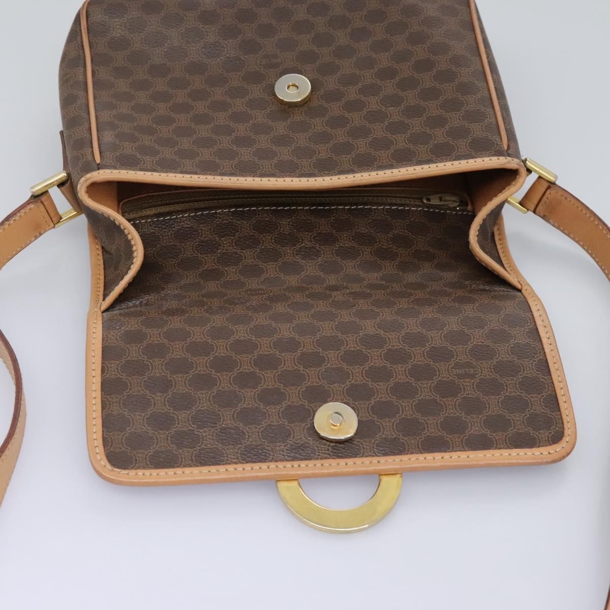 Celine Vintage Macadam Circle Logo Shoulder Bag Canvas and Leather, BROWN, CANVAS, Shoulder bag