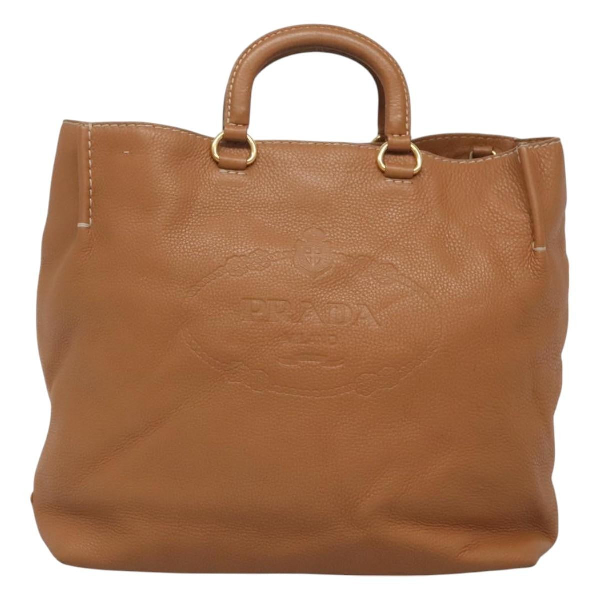 Prada Embossed Logo Convertible Open Tote Vitello Daino, BROWN, LEATHER, Tote bag