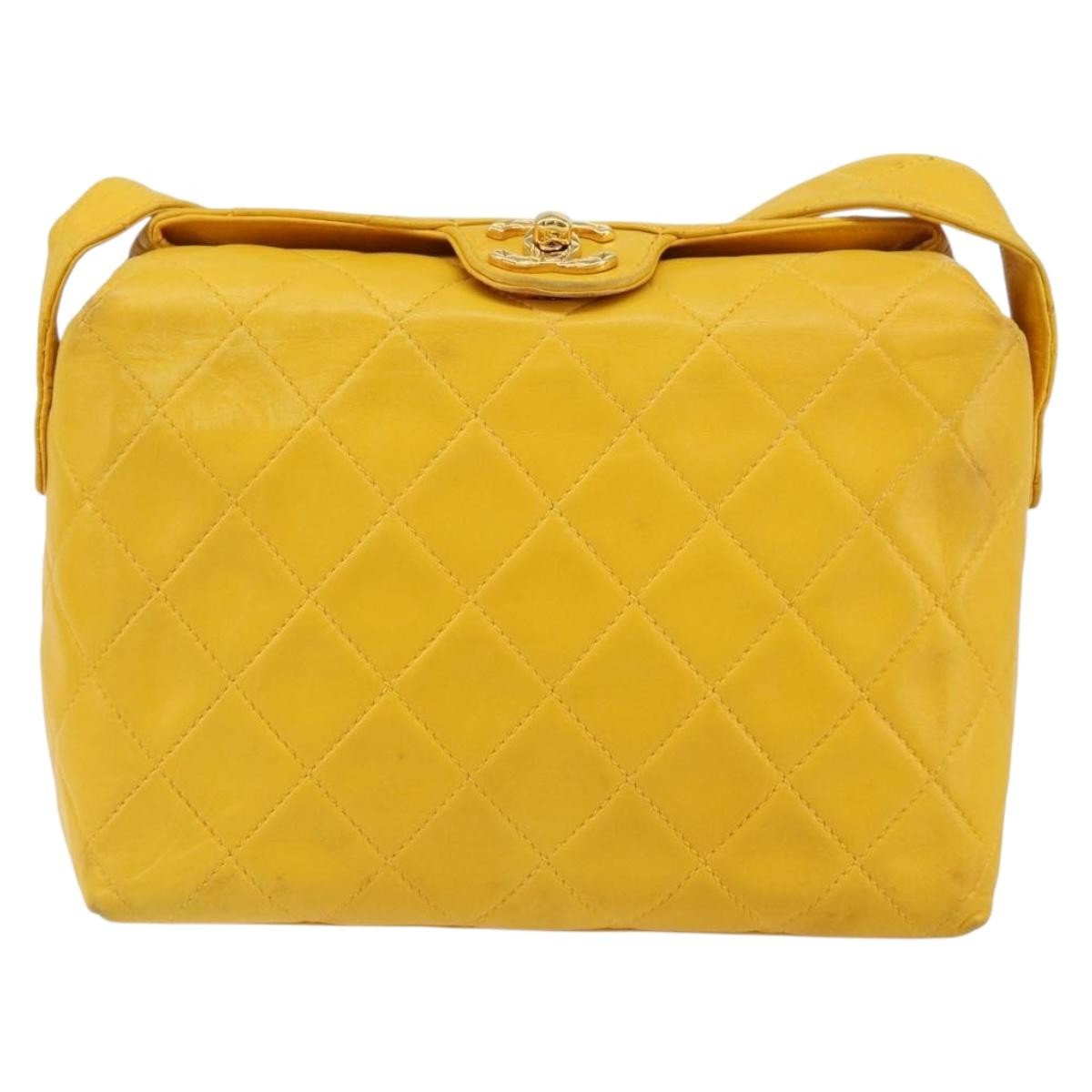 Chanel Vintage CC Fold Over Shoulder Bag Quilted Lambskin, YELLOW, LEATHER, Shoulder bag